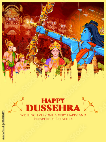 illustration of Lord Rama killing Ravana in Dussehra Navratri festival of India poster