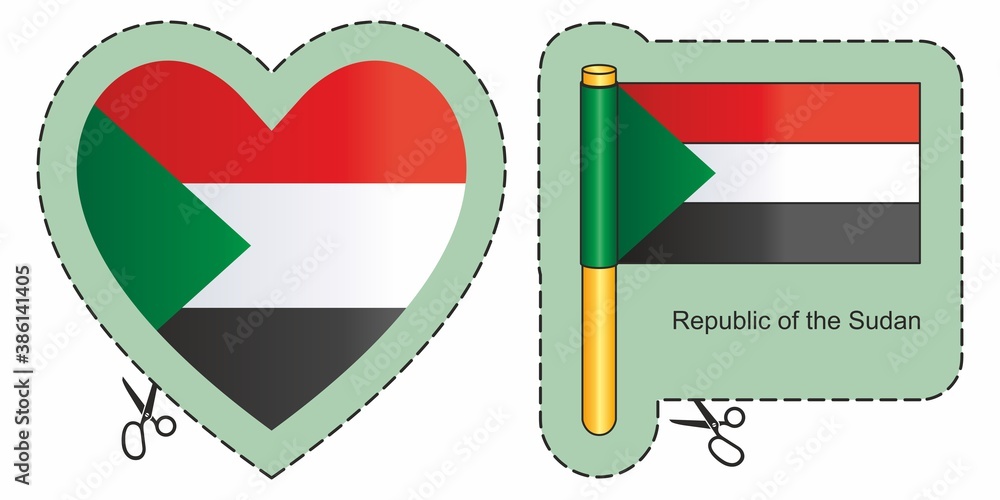 Flag of Sudan. Vector cut sign here, isolated on white. Can be used for design, stickers, souvenirs. Flag of Sudan. Vector cut sign here, isolated on white. Can be used for design, stickers, souvenirs.