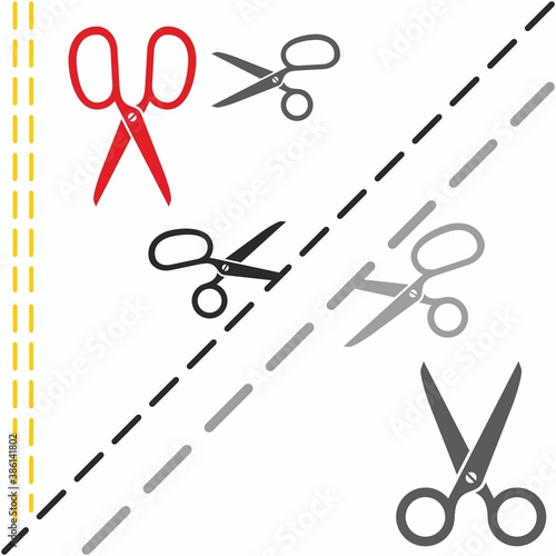 Scissors cutting paper on the dotted line. Vector icons.
