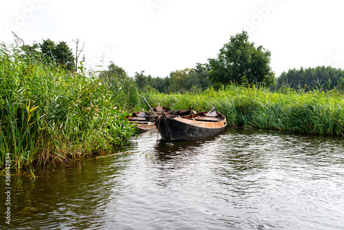 An abandoned wooden boat standing in the canal between the reeds.