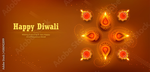 illustration of burning diya on Happy Diwali Holiday background for light festival of India