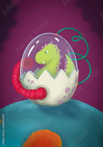 Baby dinosaur in egg illustration. Cute digitally painted dinosaur in space. For birthday invitations, greeting cards, wall art and nursery designs. photo