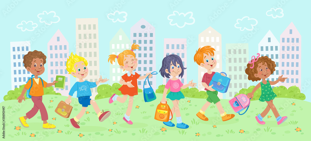 Group of happy children in the city. Boys and girls of different nationalities pass through the park with school bags. In cartoon style. Vector illustration.