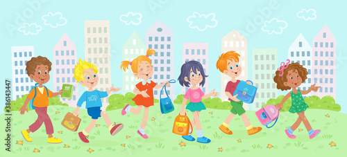 Group of happy children in the city. Boys and girls of different nationalities pass through the park with school bags. In cartoon style. Vector illustration.