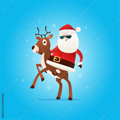Cool Santa Claus riding a Christmas reindeer in a black glasses