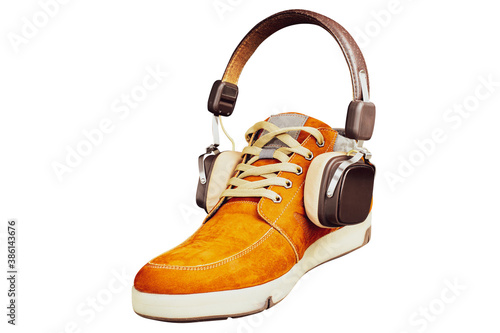 Leather suede red boots headphones for music lover © Viktor Boiko