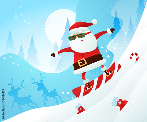 Cute Santa Claus rides from the mountain on a snowboard. Outdoor activities. © Ekaterina
