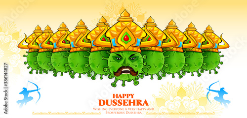 illustration of Covid Ravana with ten heads of Corona virus for Navratri festival of India poster for Dussehra