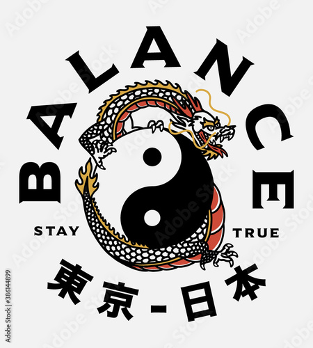 Asian Dragon with Yin Yang Symbol Illustration And Tokyo Japan Words in Japanese Artwork on White Background for Apparel and Other Uses