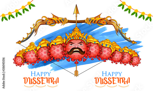 illustration of Covid Ravana with ten heads of Corona virus for Navratri festival of India poster for Dussehra