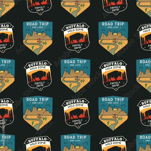 Wild life badges pattern. Camping Adventure seamless background with mountains, bison buggalo and RV trailer. Stock vector texture