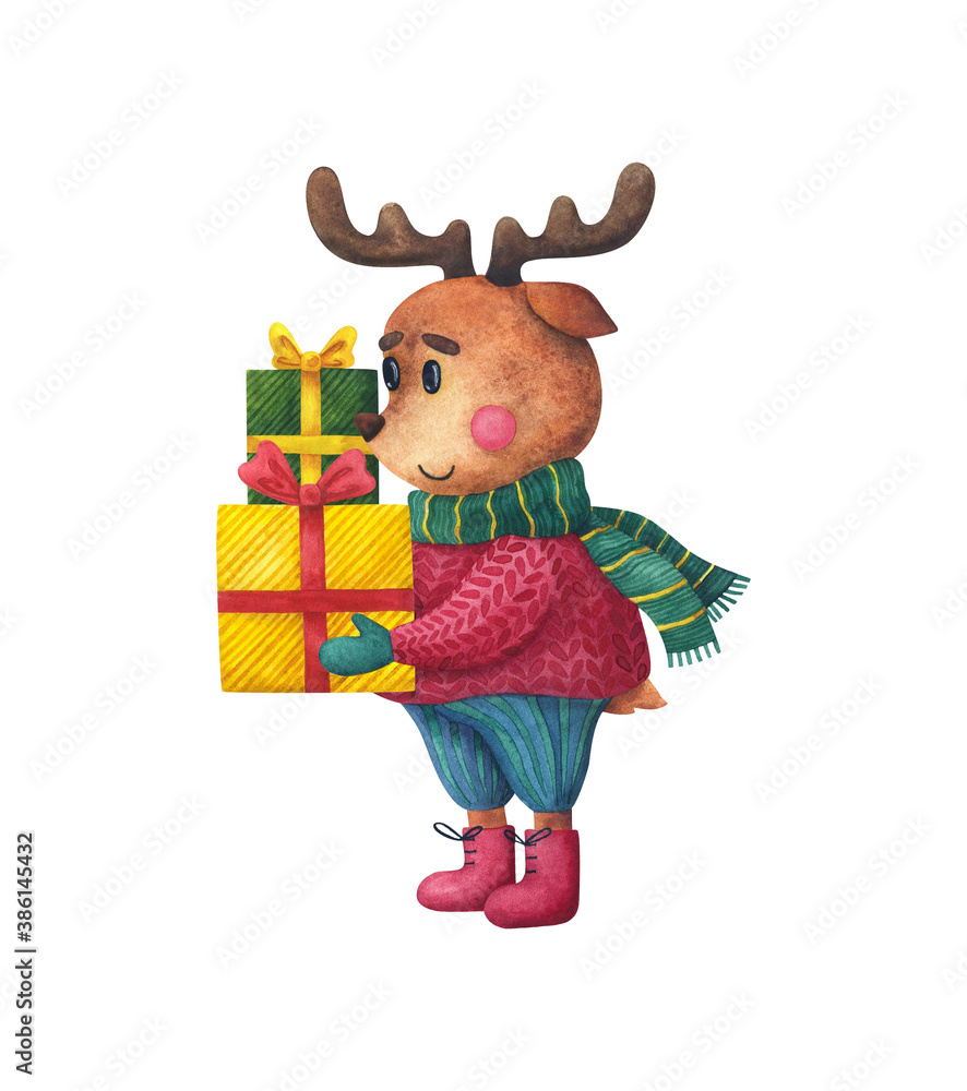 deer in a winter sweater carries Christmas gifts. Festive, new year's illustration. Watercolor clip art in cartoon style. Cute animal print for greetings. Stock drawing isolated on a white background deer in a winter sweater carries Christmas gifts. Festive, new year's illustration. Watercolor clip art in cartoon style. Cute animal print for greetings. Stock drawing isolated on a white background