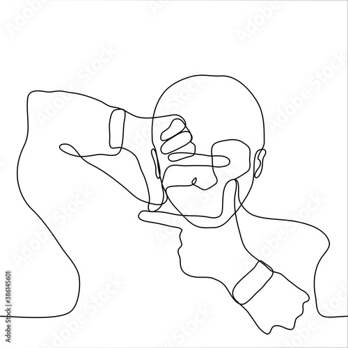 man folded his fingers imitating a rectangular frame. one line drawing concept photographer / cinematographer / director represents a frame or scene in front of it.