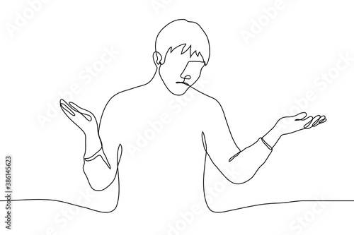 man spread his arms to the sides, palms up, a gesture of ignorance. one line drawing concept of surprise, indecision and ignorance