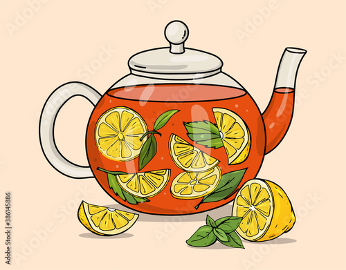 Glass tea pot with lemon and mint. Colorful vector illustration on a beige background. Hand-drawn.