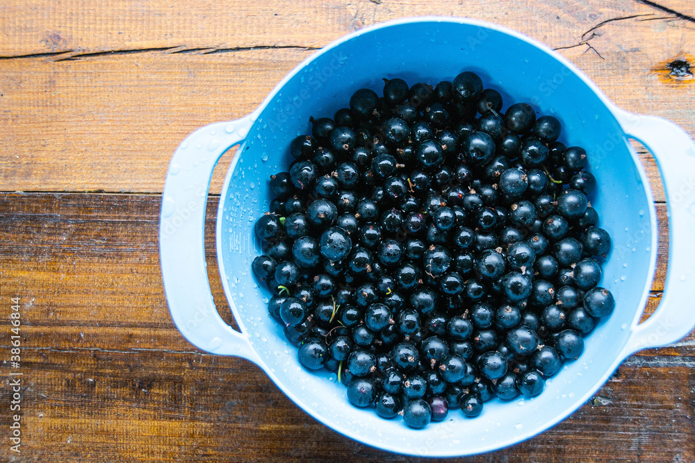 black currants in a blue cup on a background of wooden boards black currants in a blue cup on a background of wooden boards