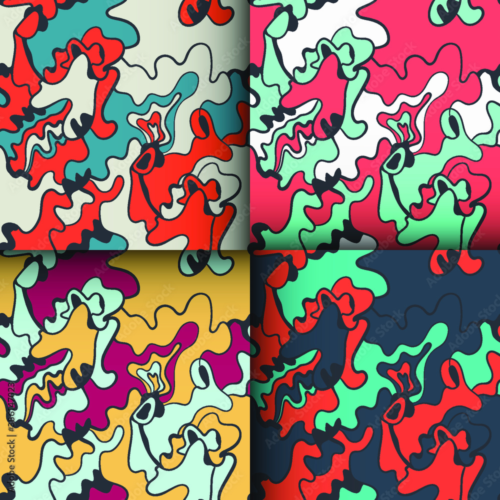 Set of four abstract colorful unusual seamless backdrops with hand drawn patterns