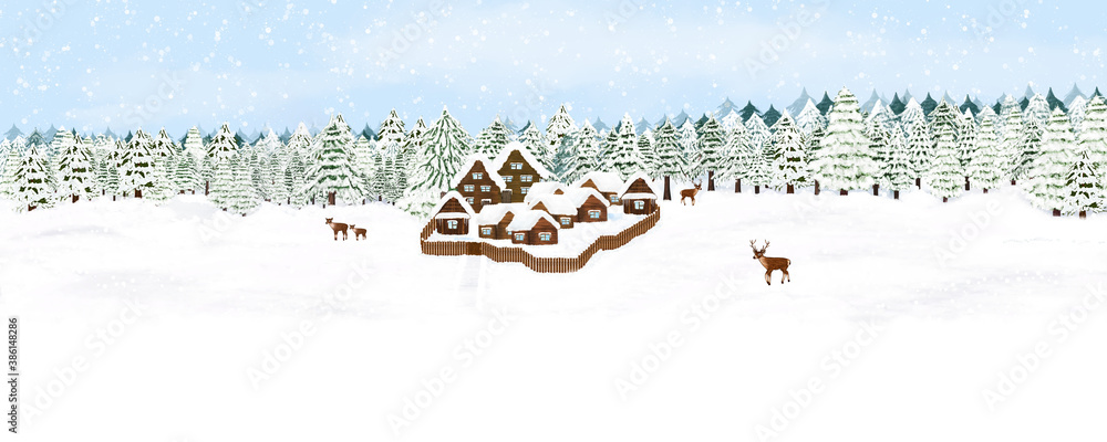 Winter panoramic landscape with a village and deer Winter panoramic landscape with a village and deer