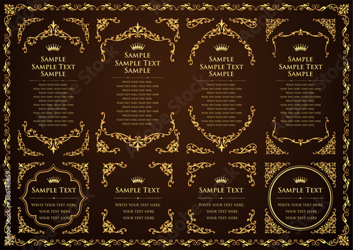 vintage ornament set. borders and frames. black background.