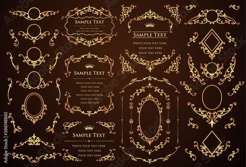vintage ornament set. borders and frames. black background.
