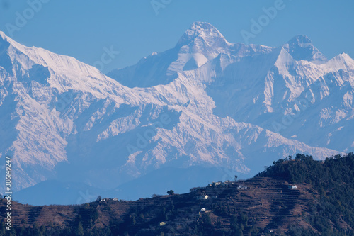 Beautiful view of the Himalayas as seen from the Sattal region in Uttarakhand, India