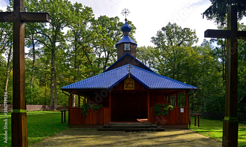 a wooden church built in 1846, the Orthodox church of the holy Maccabees in the Krynoczka wilderness near the town of Hajnowka in Podlasie, Poland