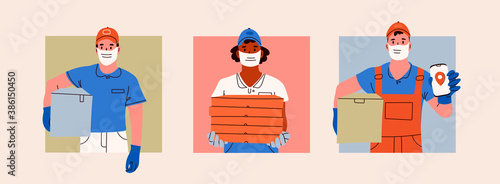 Delivery men wearing face Masks and holding delivery boxes. Couriers with different parcels. Safe Delivery service concept. Cute Characters. Set of three Hand drawn trendy Vector illustrations