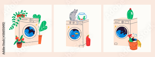 Set of three various Hand drawn Washing Machines. Laundry concept. Trendy Vector illustrations. Cartoon style. All elements are isolated