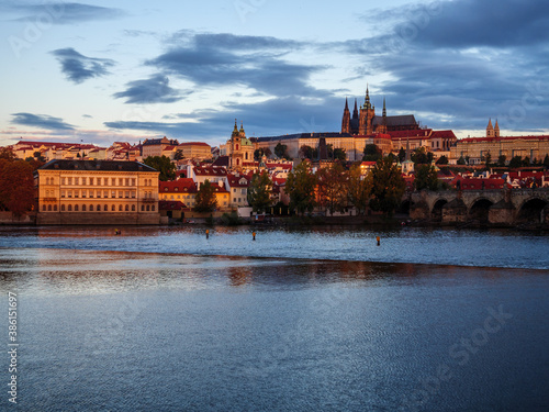 View on Prague Castle and Charles Bridge in the morning light on an autumn morning