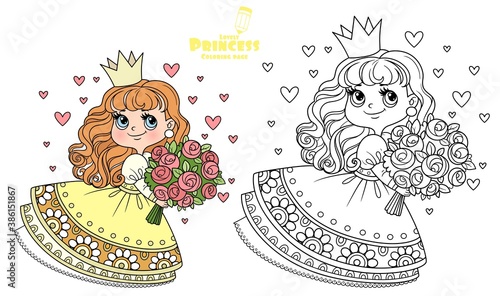 Cute princess in yellow dress holding a large bouquet of roses outlined and color for coloring book