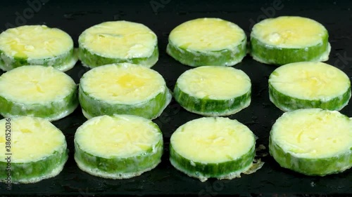 Korean food : Hobakjeon(Pan-fried battered zuccinni). Korean ritual food usually eaten on holidays. photo