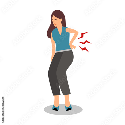Low back pain concept vector illustration on white background. Young woman suffering from backache. Office syndrome.