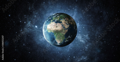 Panoramic view of planet earth with copy space, 3d render created with NASA textures from https://visibleearth.nasa.gov/ photo