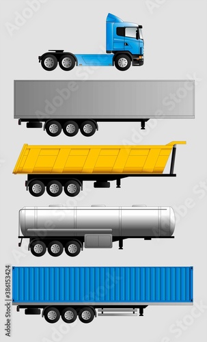Variants of semi-trailers for a truck for the delivery of various goods. Freight transport, tank, van, container, dump truck. Vector isolated on a separate layer.