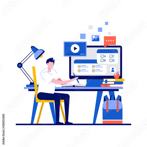 Online exam, online survey, testing, e-learning, online courses concepts with character. Student taking distance test. Modern flat style for landing page, mobile app, infographics, hero images