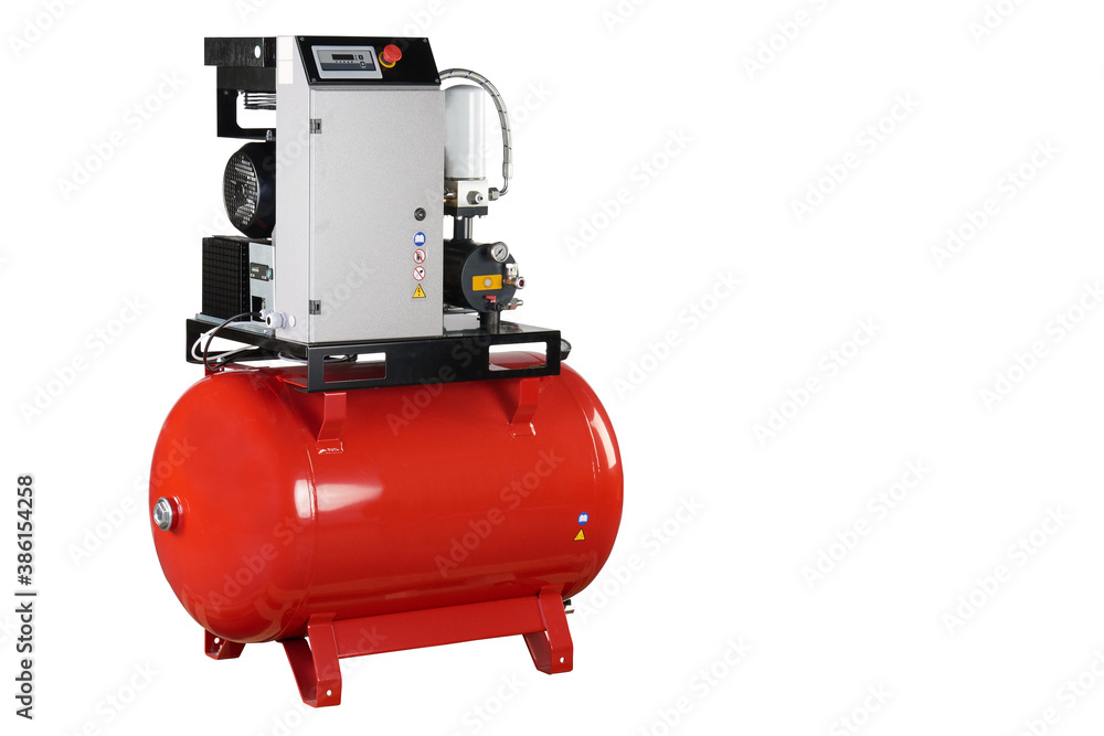 Air compressor. Professional equipment and tools. Industrial appliances. Isolated background Air compressor. Professional equipment and tools. Industrial appliances. Isolated background