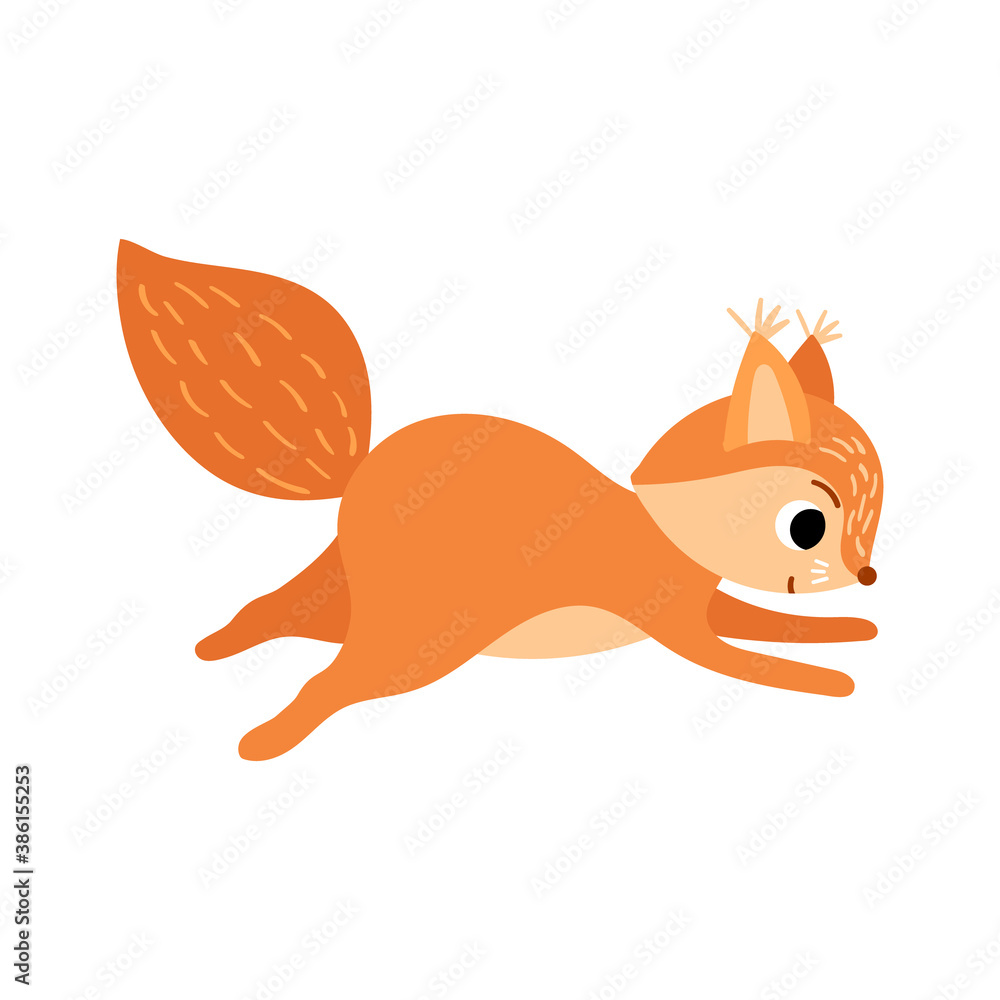 Cute cartoon running squirrel. Side view. Funny woodland character isolated on white background. Vector illustration. Cute cartoon running squirrel. Side view. Funny woodland character isolated on white background. Vector illustration.