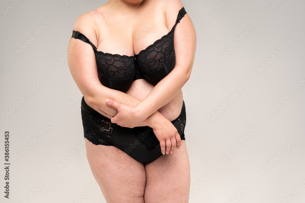 Plus Size Model in Black Bra, Fat Woman with Big Natural Breast