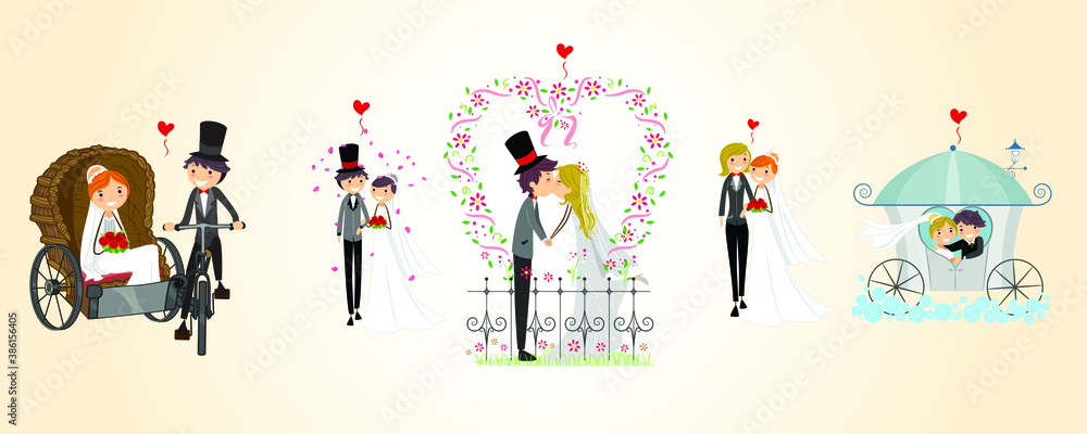 Couple wedding vector illustration of man and woman just married for greeting card design template. 