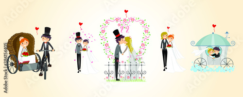 Couple wedding vector illustration of man and woman just married for greeting card design template. 