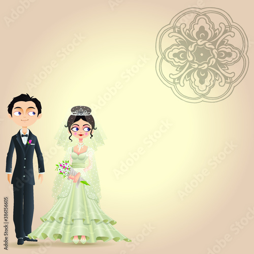 Couple wedding vector illustration of man and woman just married for greeting card design template. 