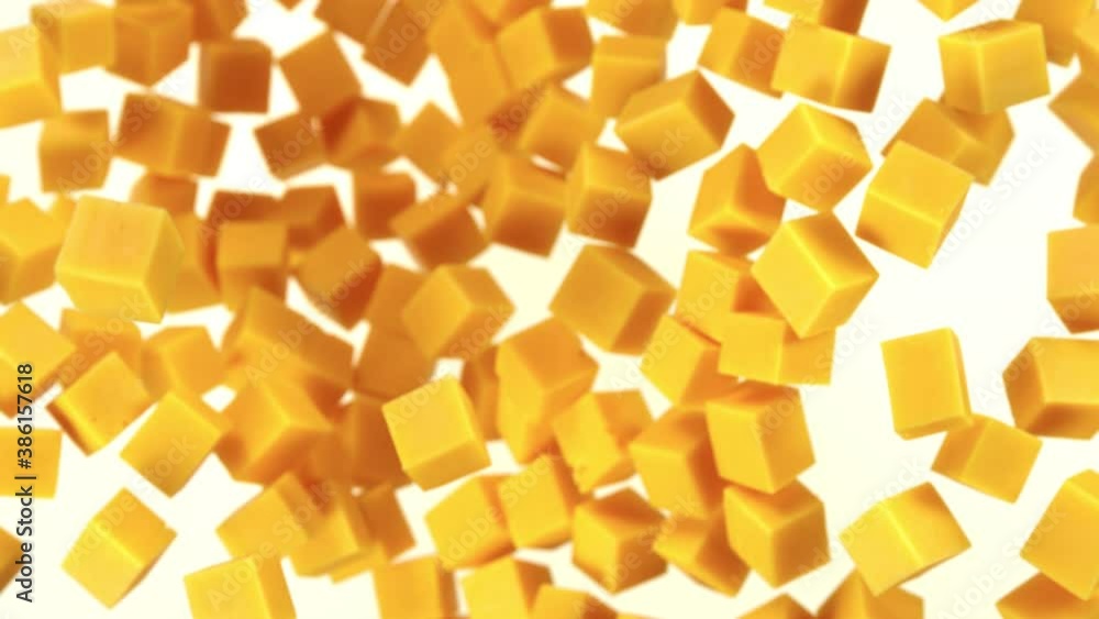 Super Slow Motion Shot of Flying Cheese Cubes at 1000 fps. Super Slow Motion Shot of Flying Cheese Cubes at 1000 fps.