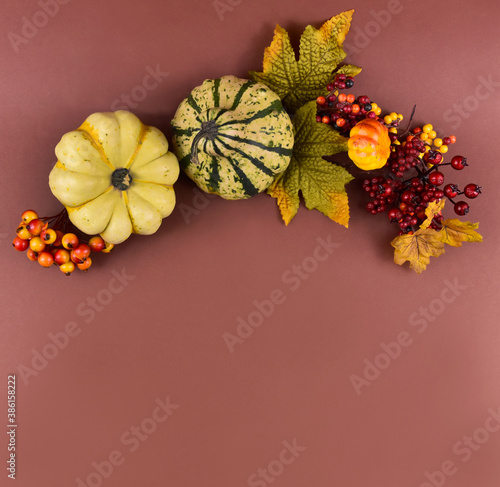 Autumn decoration on a brown background frame stock images. Autumn decoration with pumpkins top view. Autumn season border stock images. Natural fall harvest background with copy space for text