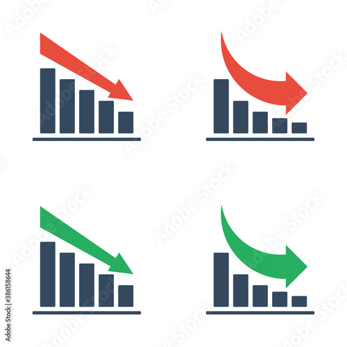 bar charts with falling trend, vector business icons set