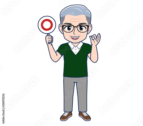 White-haired man in green short sleeves