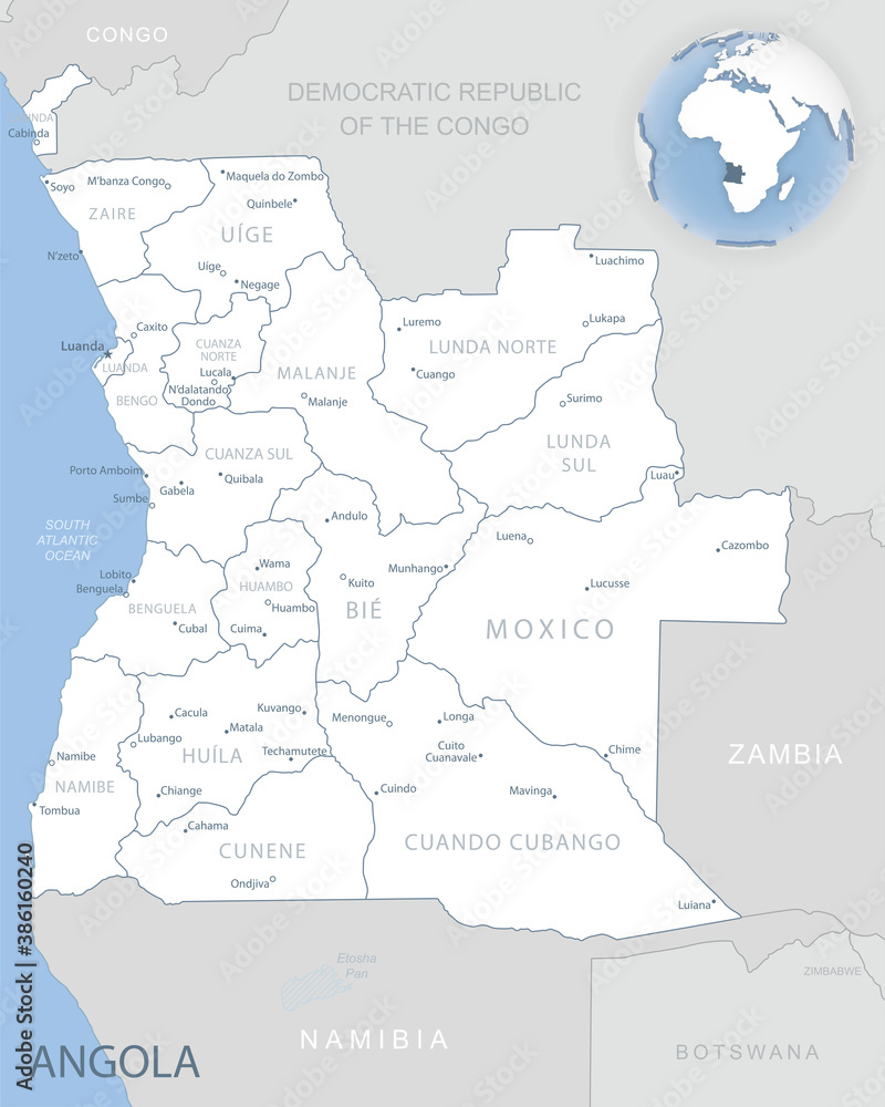 Blue-gray detailed map of Angola administrative divisions and location on the globe.
