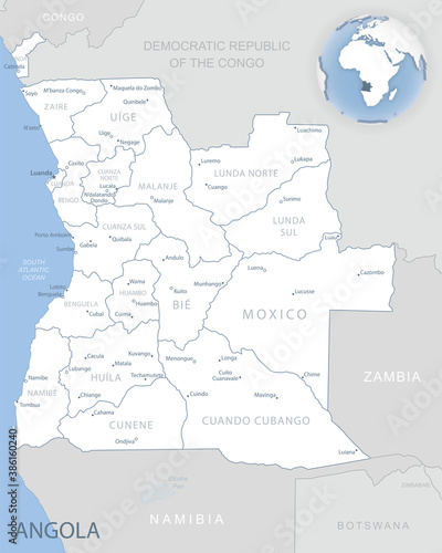Photo Blue-gray detailed map of Angola administrative divisions and location on the globe