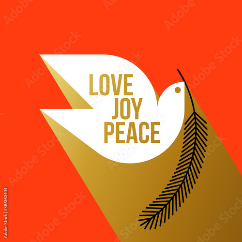 Christmas greeting card with wishes of peace love joy and white dove holding fir tree branch