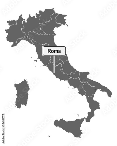 Landkarte von Italien mit Ortsschild von Roma