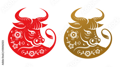 Golden metal ox zodiac sign, head with flowers isolated icons. Vector CNY Chinese New Year symbol, Taurus horoscope zodiac sign. Bull animal portrait and blossoms with leaves, horned buffalo